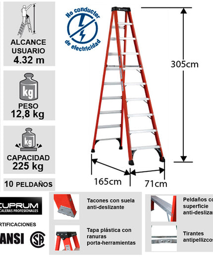ESCALERA F. VIDRIO TIJERA 3.05 M. 225KG CUPRUM (Modelo: 3017-10)