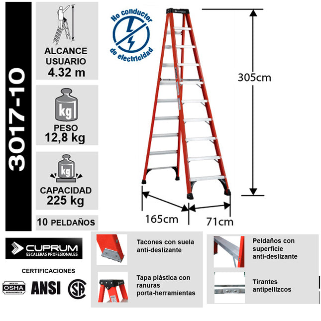 ESCALERA F. VIDRIO TIJERA 3.05 M. 225KG CUPRUM (Modelo: 3017-10)