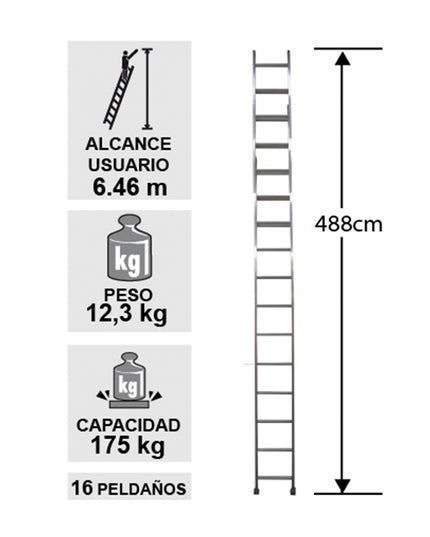 ESCALERA ALUMINIO RECTA SIMPLE 4.88 M. (Modelo: 440-16)