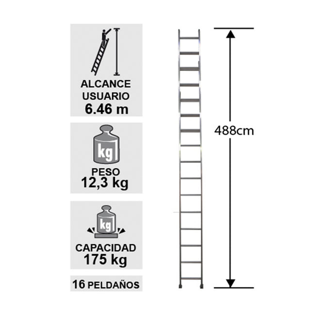 ESCALERA ALUMINIO RECTA SIMPLE 4.88 M. (Modelo: 440-16)