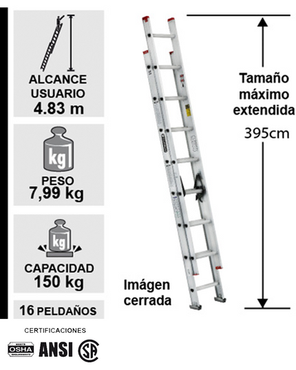 ESCALERA DE EXTENSIÓN DE ALUMINIO 16PELD - 150KG (Modelo: 494-16)