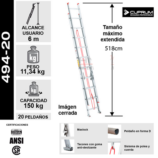 ESCALERA ALUMINIO TELESC.  5.18 M. (Modelo: 494-20)