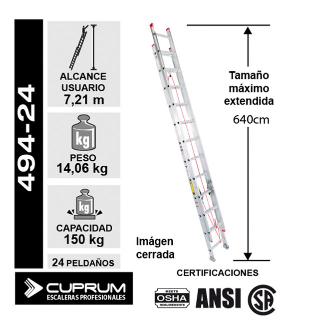 ESCALERA DE EXTENSIÓN DE ALUMINIO 24P - CUPRUM (Modelo: 494-24)