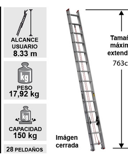 ESCALERA DE EXTENSIÓN DE ALUMINIO 28PELD -150KG (Modelo: 494-28)