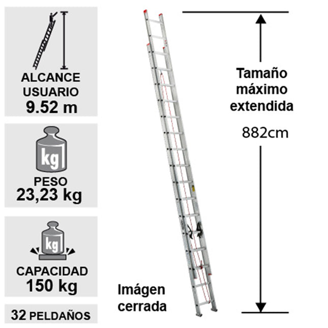 ESCALERA DE EXTENSIÓN DE ALUMINIO 32PELD - 150KG  (Modelo: 494-32)