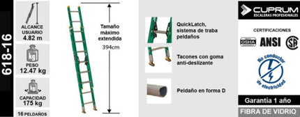 ESCALERA  F. VIDRIO TELESCOPICA  3.96 M. (Modelo: 618-16)