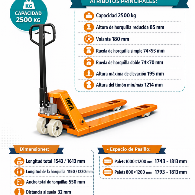 TRANSPALETA MANUAL 2500 KG NYLON 550 MM (Modelo: BF550-N)