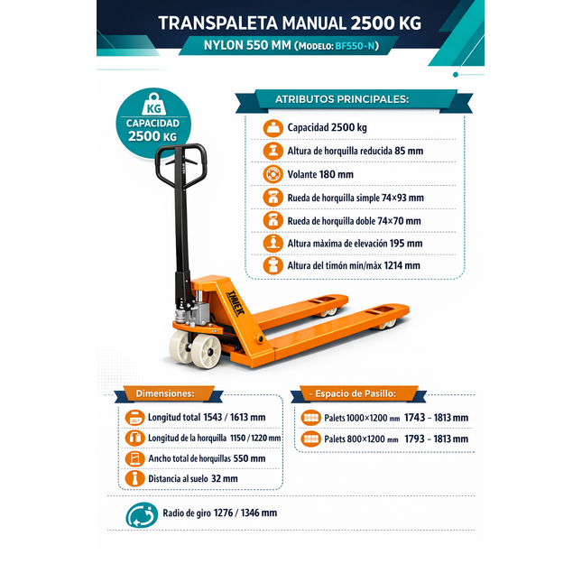 TRANSPALETA MANUAL 2500 KG NYLON 550 MM (Modelo: BF550-N)