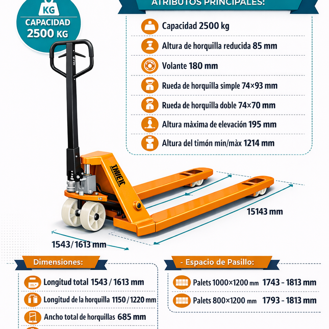 TRANSPALETA MANUAL 2500 KG NYLON 685 MM (Modelo: BF685-N)