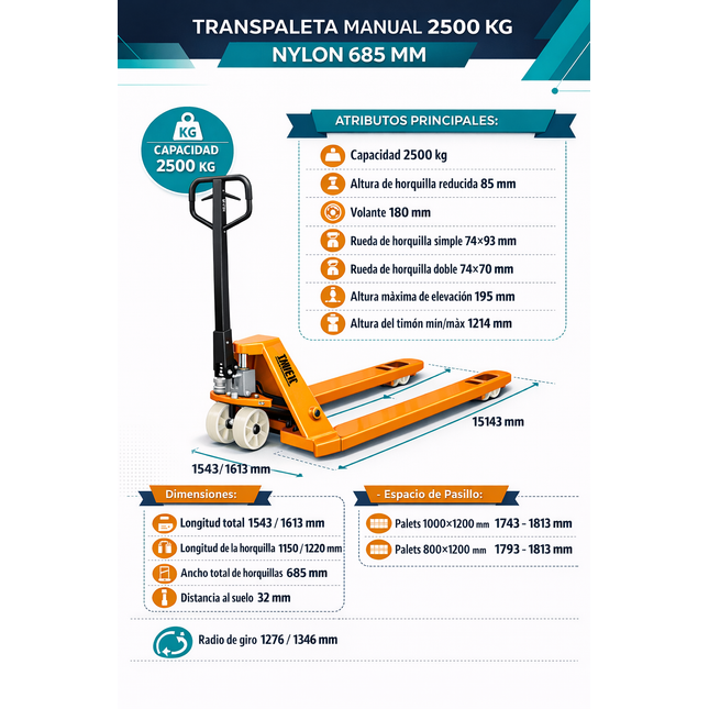 TRANSPALETA MANUAL 2500 KG NYLON 685 MM (Modelo: BF685-N)