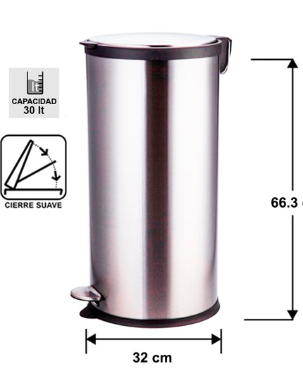 BASURERO ACERO INOX CIERRE SUAVE 30LT (Modelo: BIN-30)