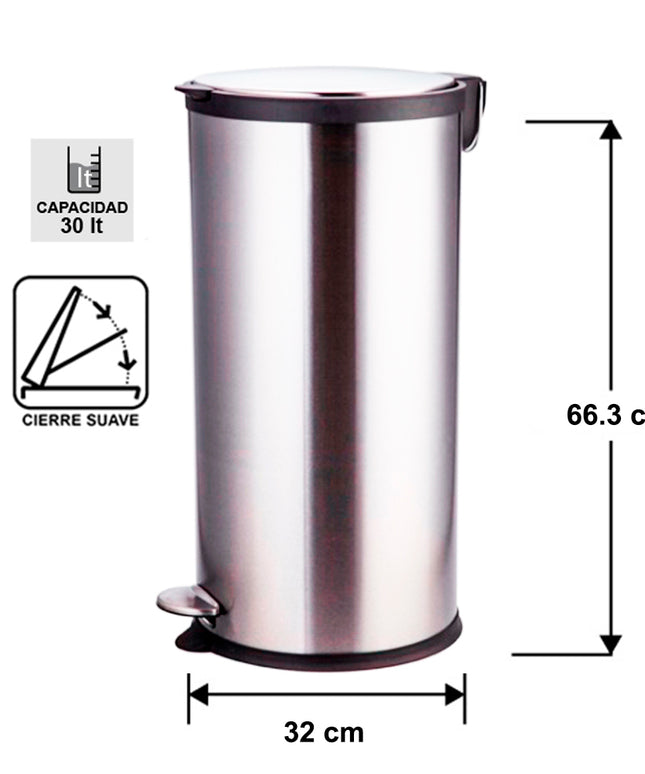 BASURERO ACERO INOX CIERRE SUAVE 30LT (Modelo: BIN-30)