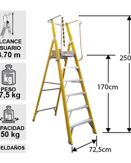 ESCALERA FIBRA V. PLATAFORMA 6 PELDA CON BARANDA (Modelo: EFP-06)