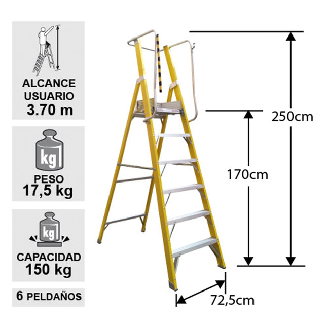 ESCALERA FIBRA V. PLATAFORMA 6 PELDA CON BARANDA (Modelo: EFP-06)