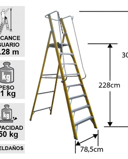 ESCALERA FIBRA V. PLATAFORMA 8 PELDA CON (Modelo: EFP-08)