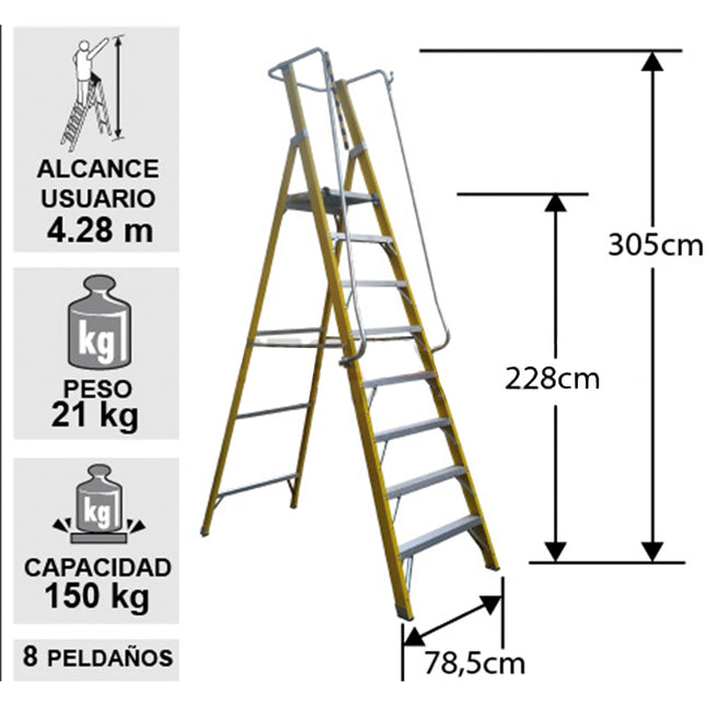 ESCALERA FIBRA V. PLATAFORMA 8 PELDA CON (Modelo: EFP-08)