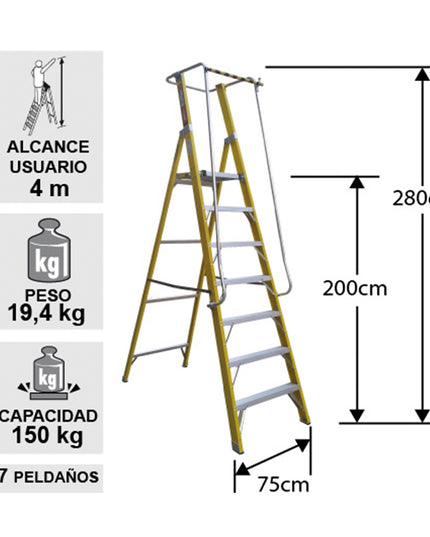 ESCALERA FIBRA V. PLAT. CON BARANDA 7 PELD (Modelo: EFP-07)