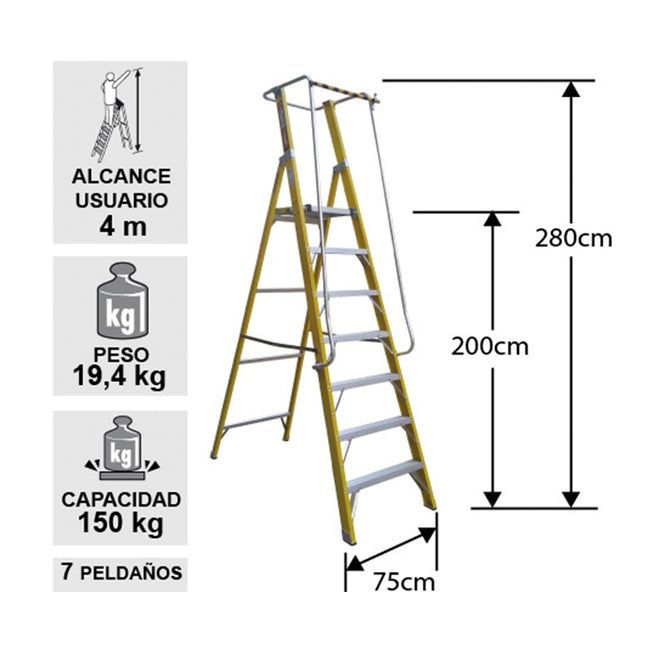 ESCALERA FIBRA V. PLAT. CON BARANDA 7 PELD (Modelo: EFP-07)